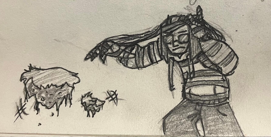 A drawing of my character, Esdiel, using a telekinesis device